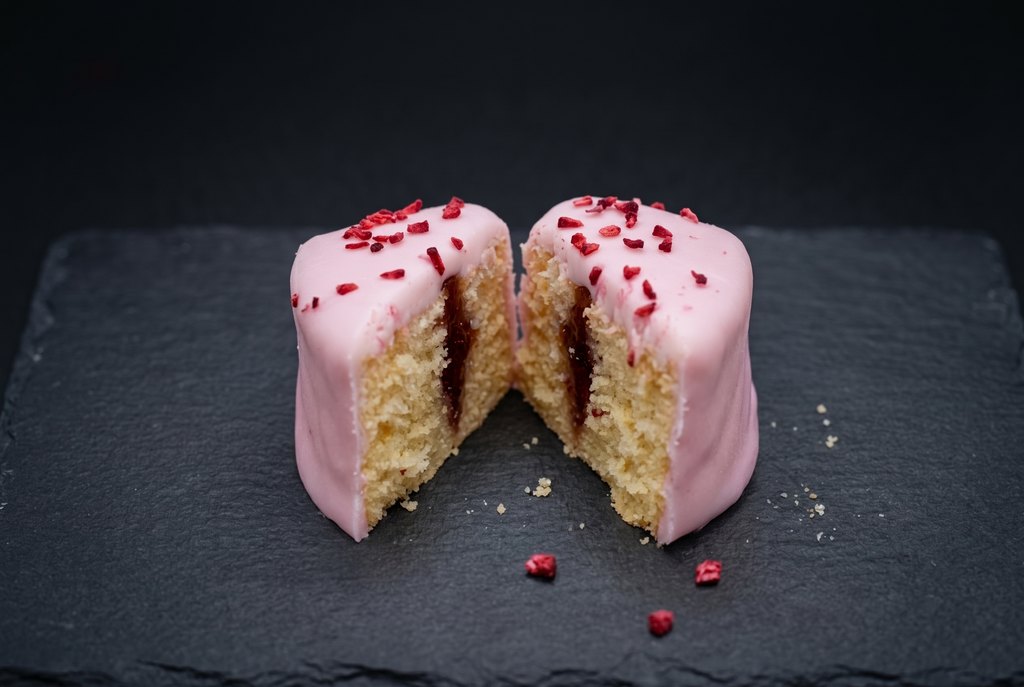 A pink fondant heart cake cut in half to show the sponge and its raspberry jam centre, on dark slate