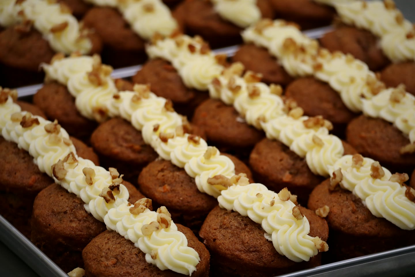 Rows of spiced sponges piped with cream cheese frosting and scattered with chopped walnuts