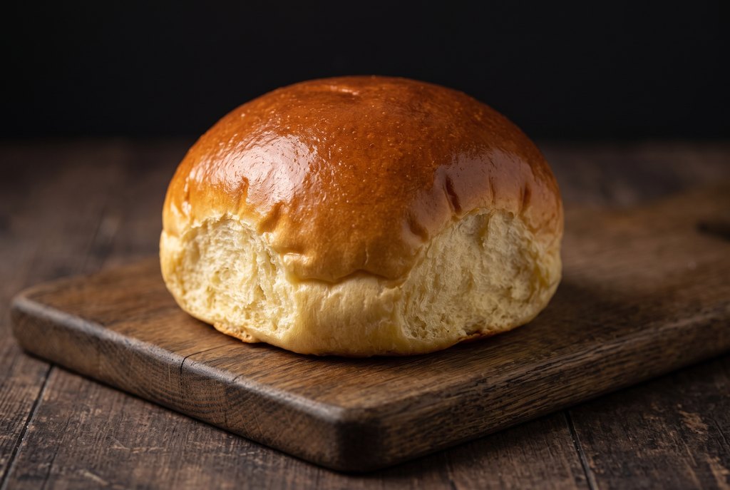 A glossy golden brioche bap on an oak bread board