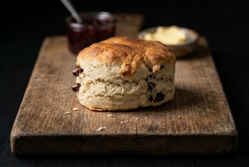 A fruit scone on a bread board with jam and butter behind