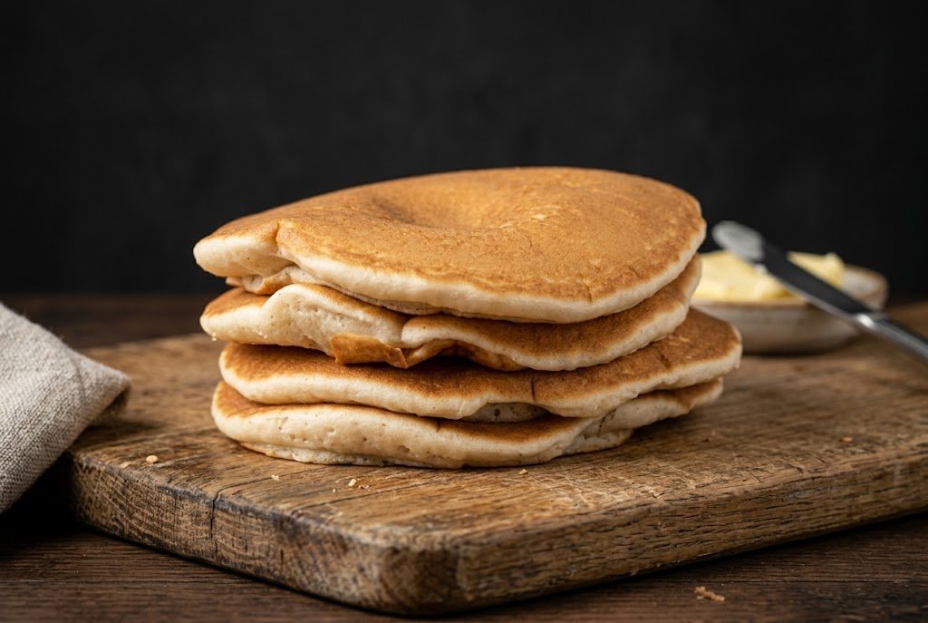 A stack of Genesis pancakes on an oak bread board with a dish of butter behind