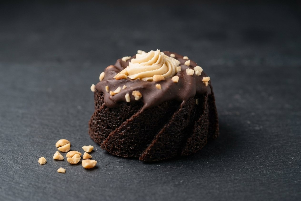 A chocolate mini bundt glazed with ganache, topped with buttercream and chopped nuts
