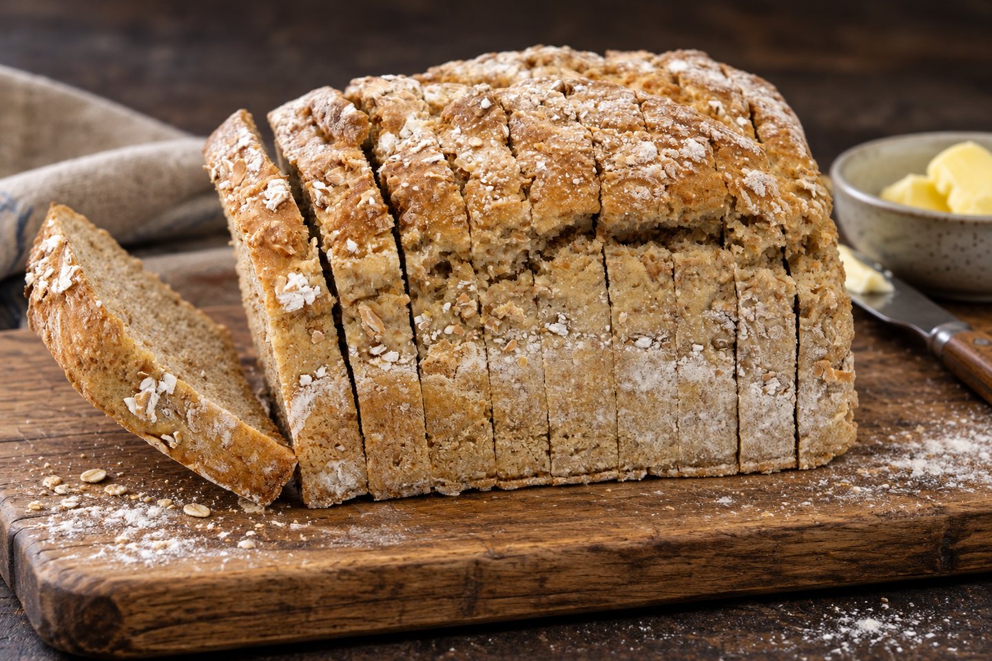 A sliced Toaster Wheaten loaf on a wooden bread board with butter and a scatter of wholemeal flour