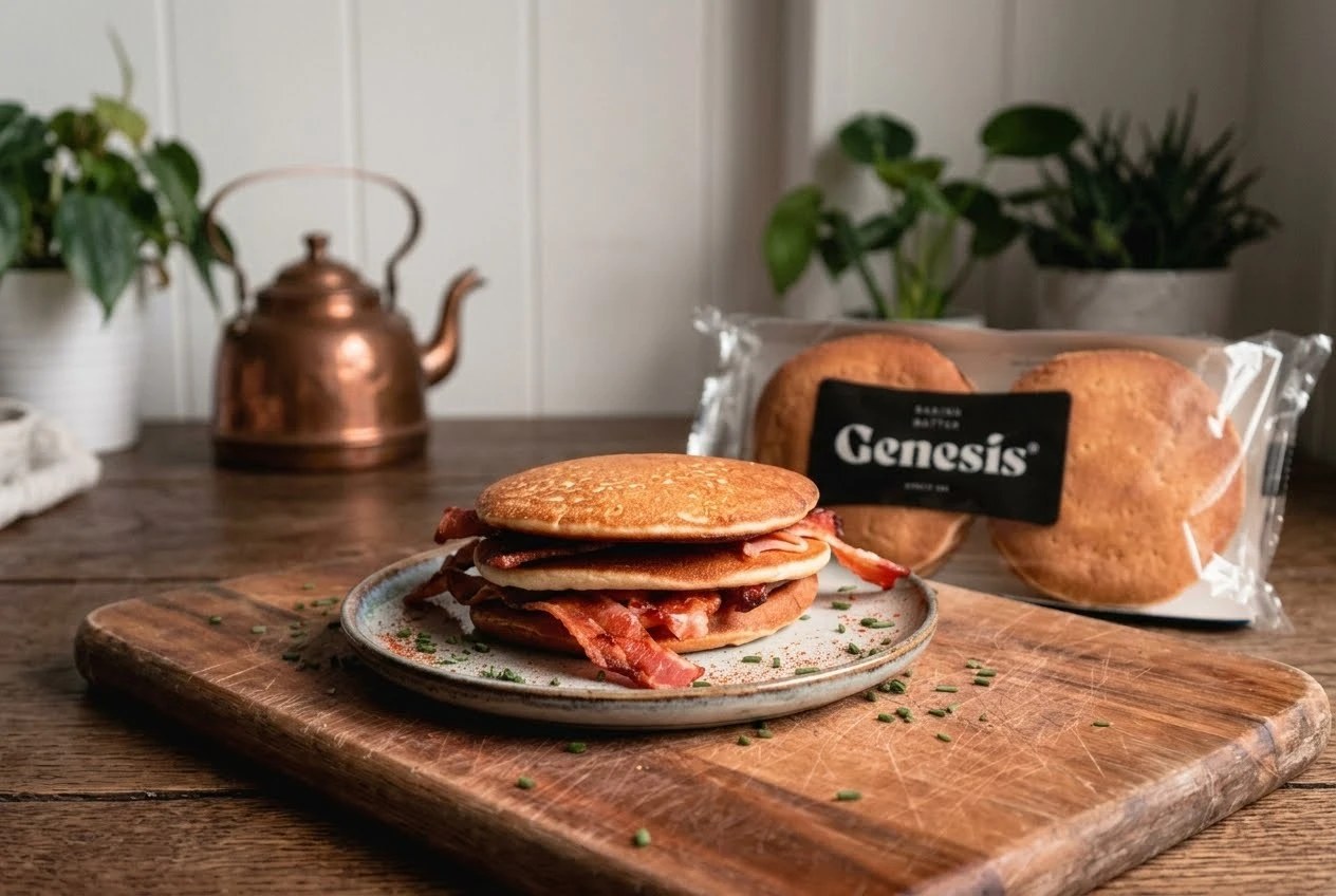 A stack of Genesis pancakes layered with bacon on a plate, the Genesis pancake pack behind on a kitchen table