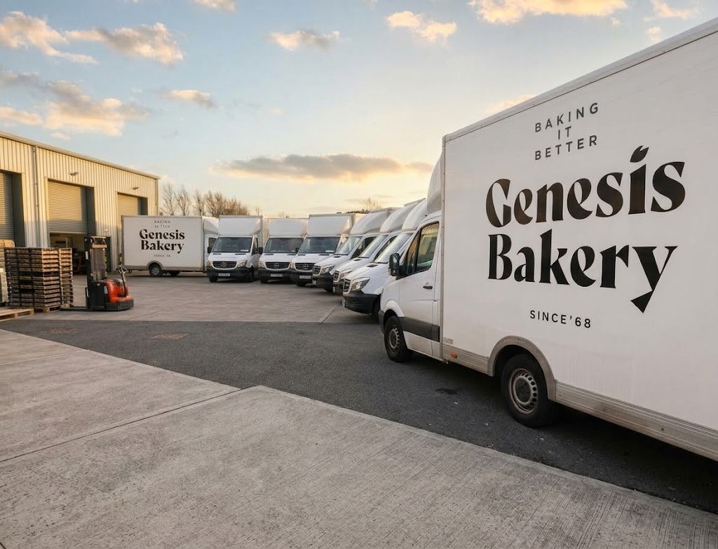 The Genesis Bakery van fleet lined up in the yard at Magherafelt at dawn